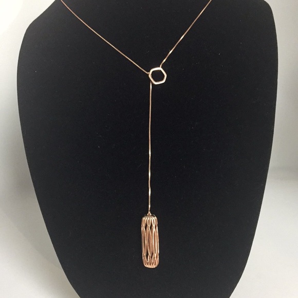 Jewelry - Rose gold cage necklace lariat with hexagon stop